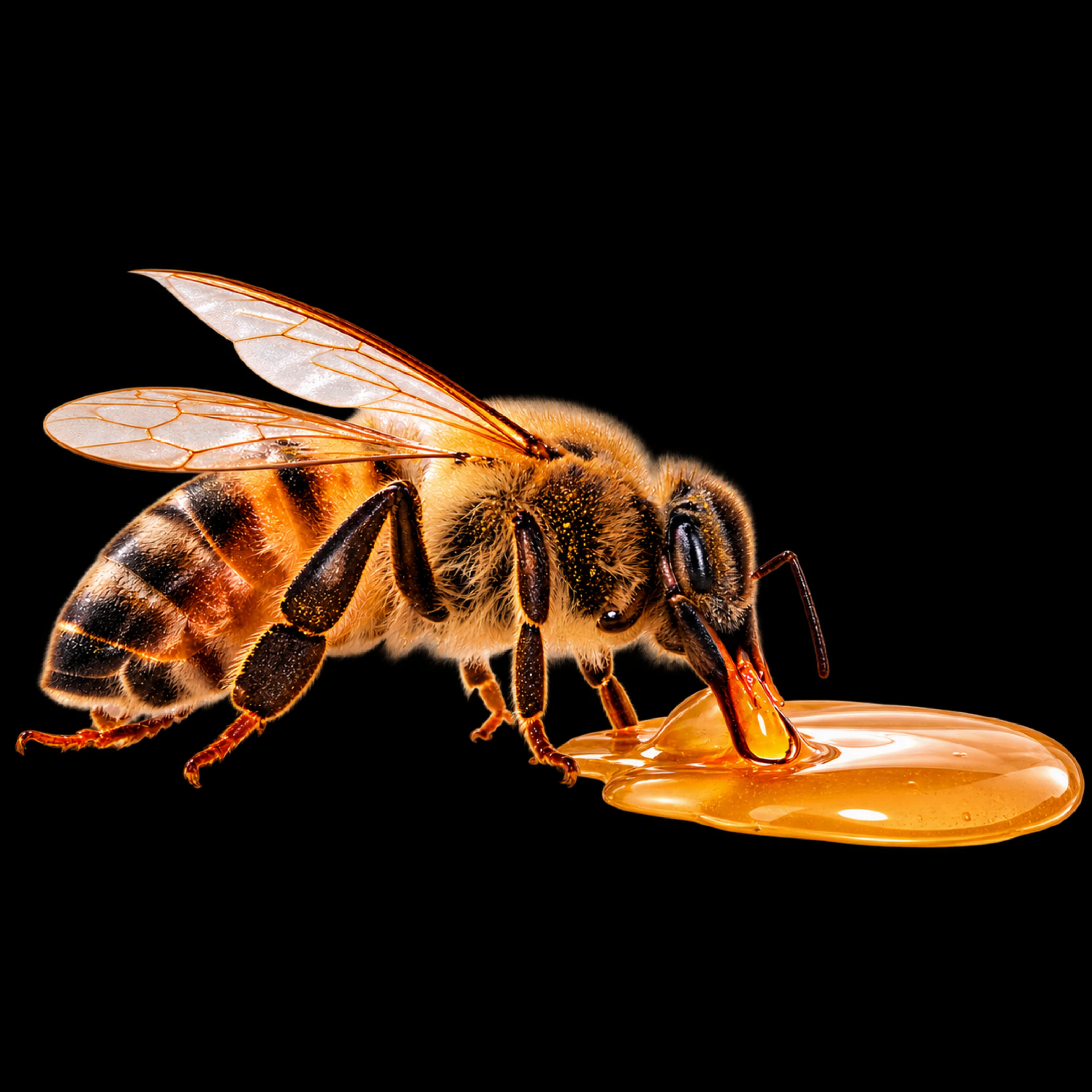 Abeja alimentándose de una gota de miel