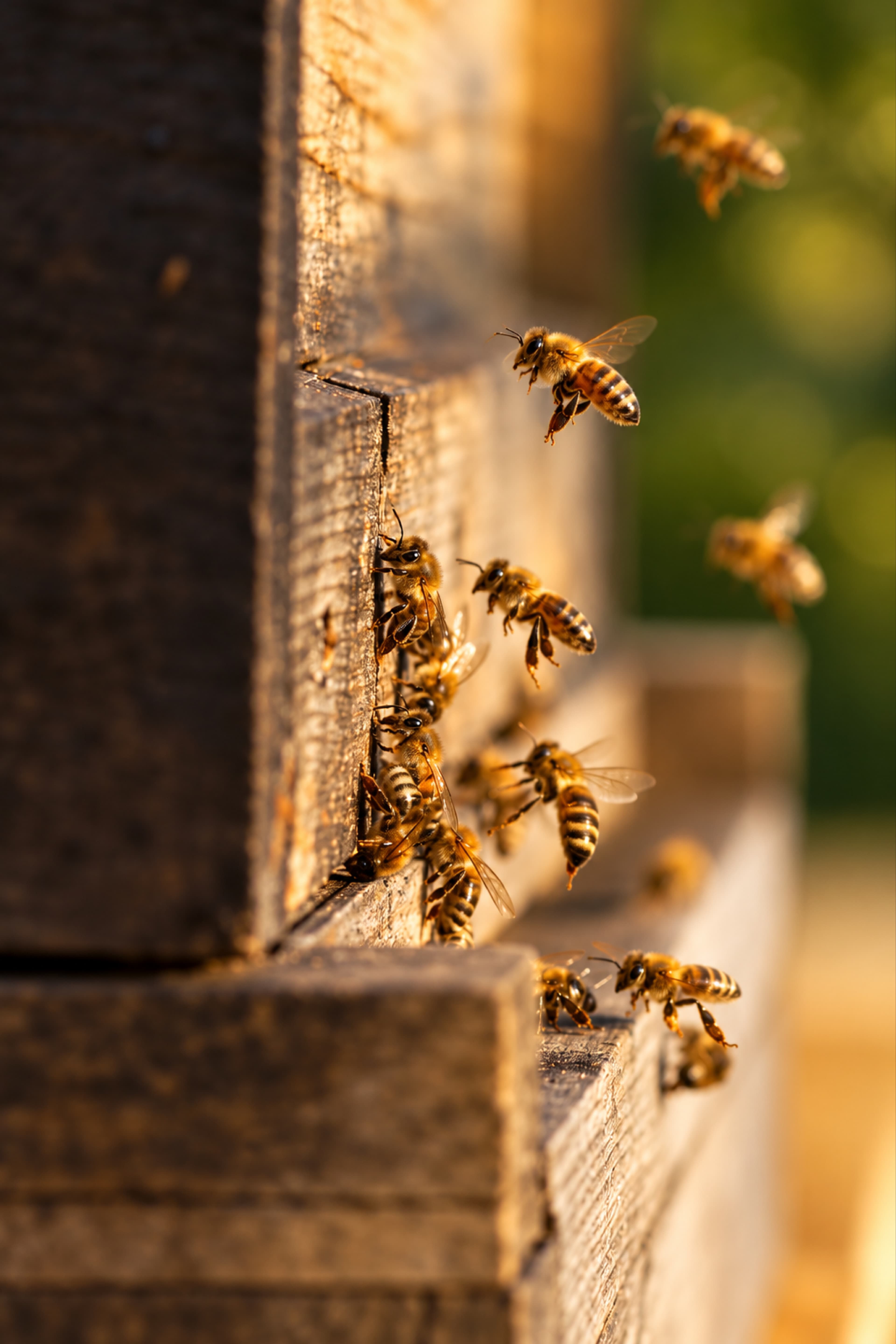 Abejas junto a su colmena