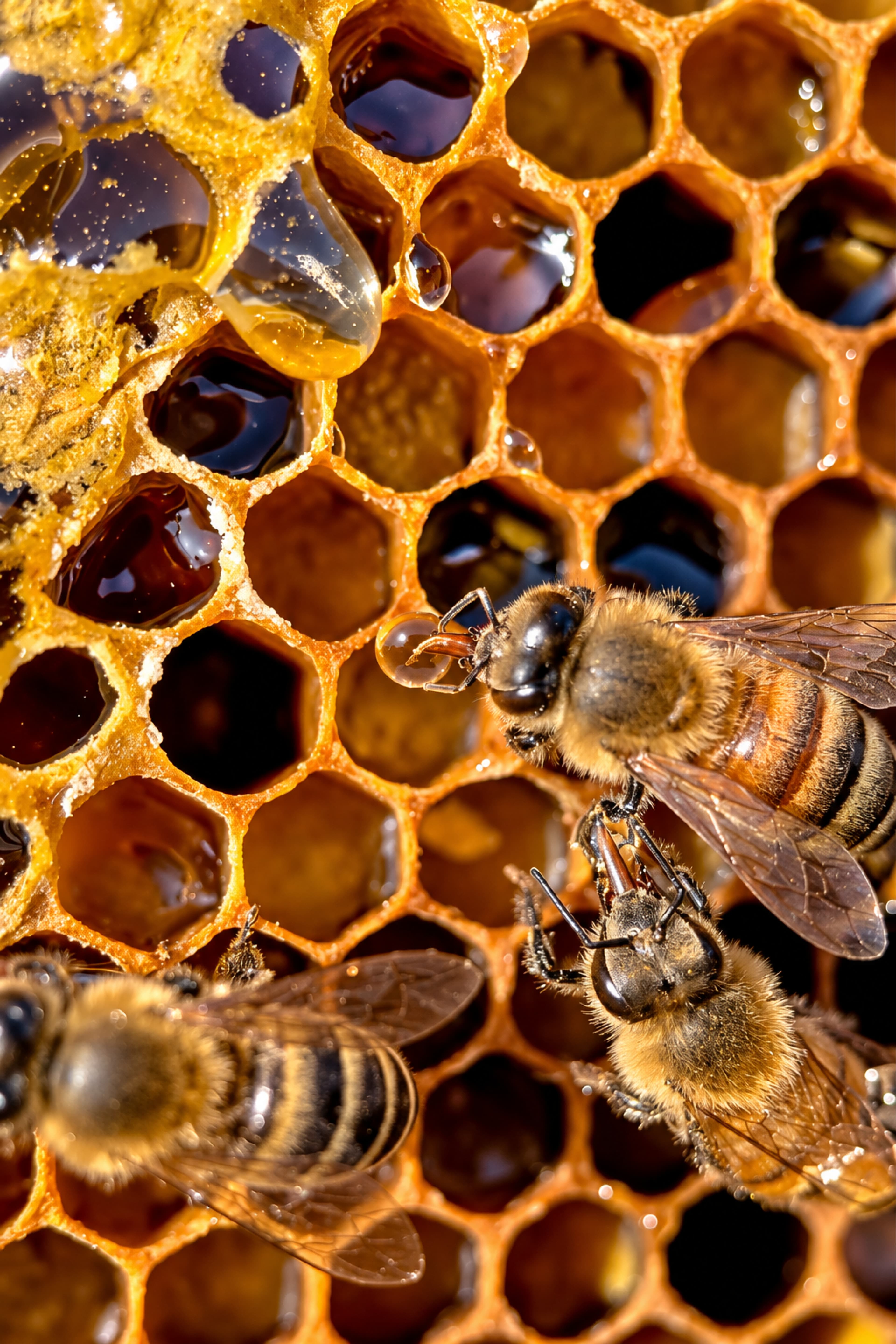 Abejas sobre un panal lleno de miel dorada