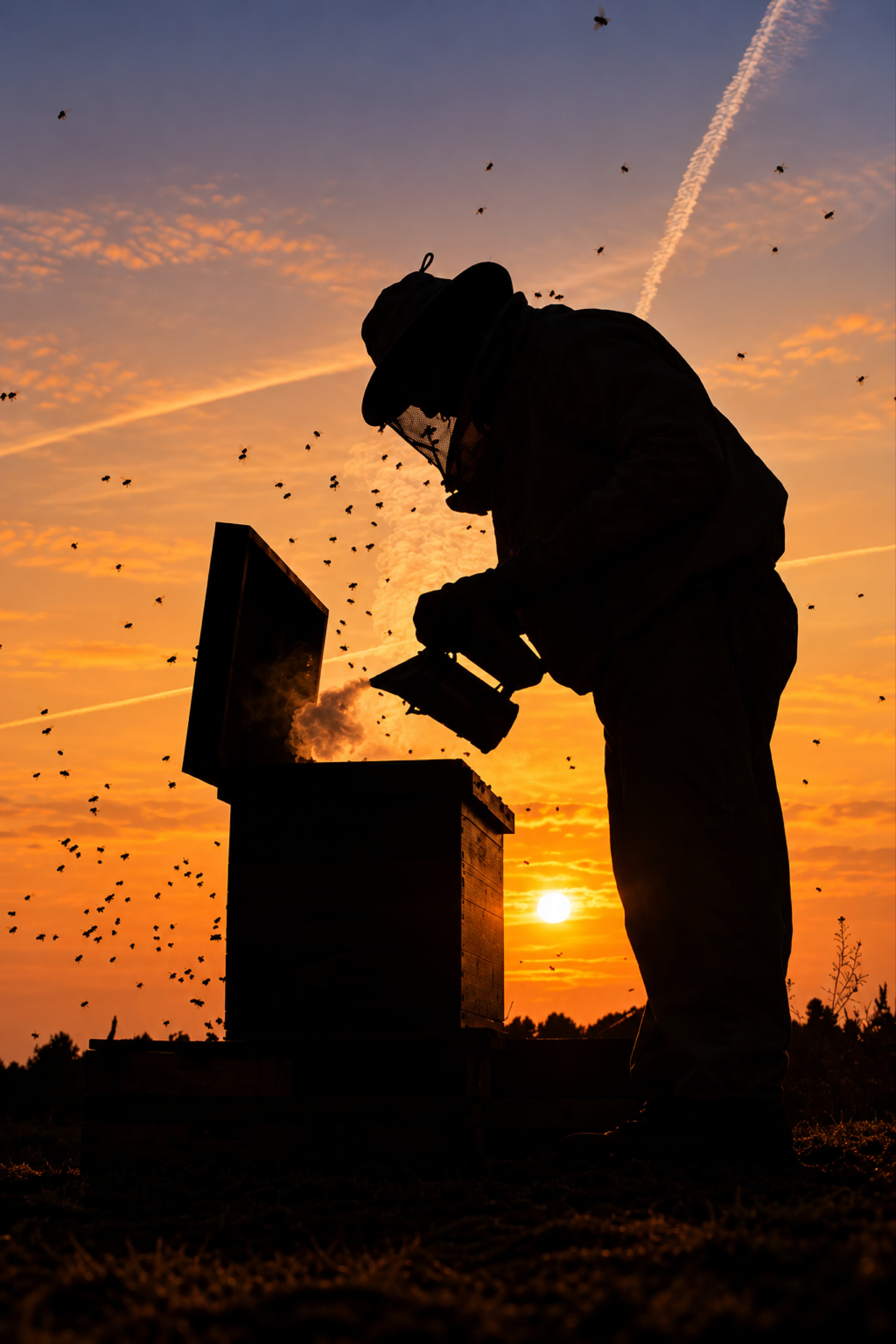 Apicultor trabajando con las colmenas al atardecer