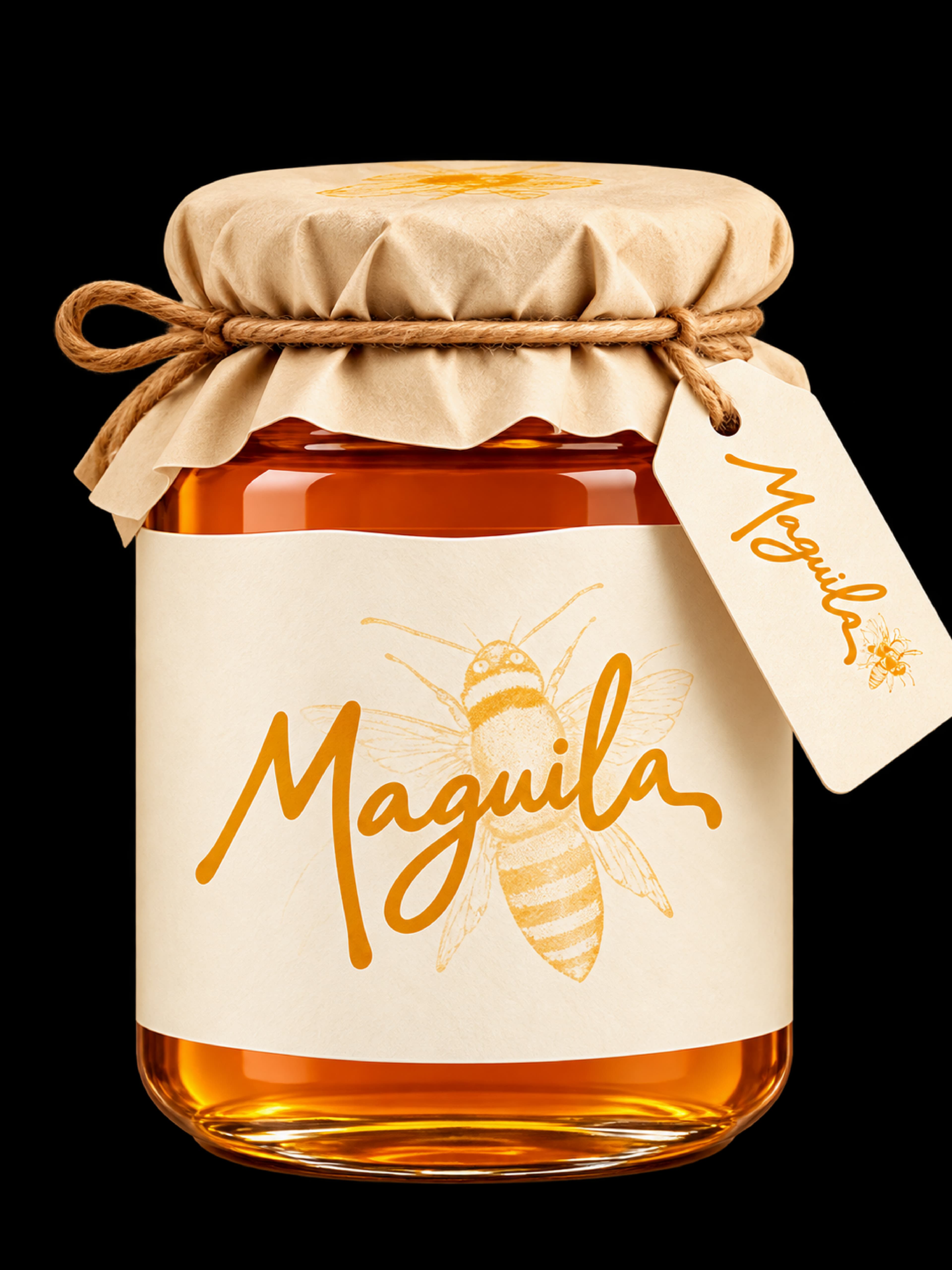 Tarro de miel MAGUILA con cubierta artesanal, cordel y etiqueta